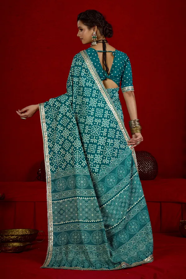 Green_Velvet_Tussar_Silk_Bandhani_Print_Gotta_Patti_Saree_For_Women