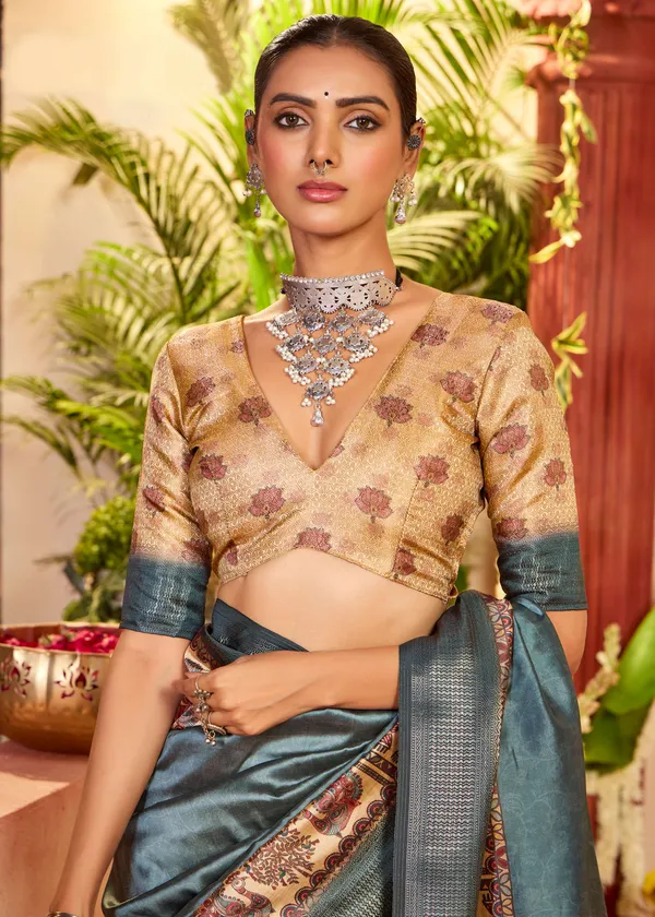 Teal_Green_Pure_Tussar_Silk_Embroidered_Border_Saree_For_Women