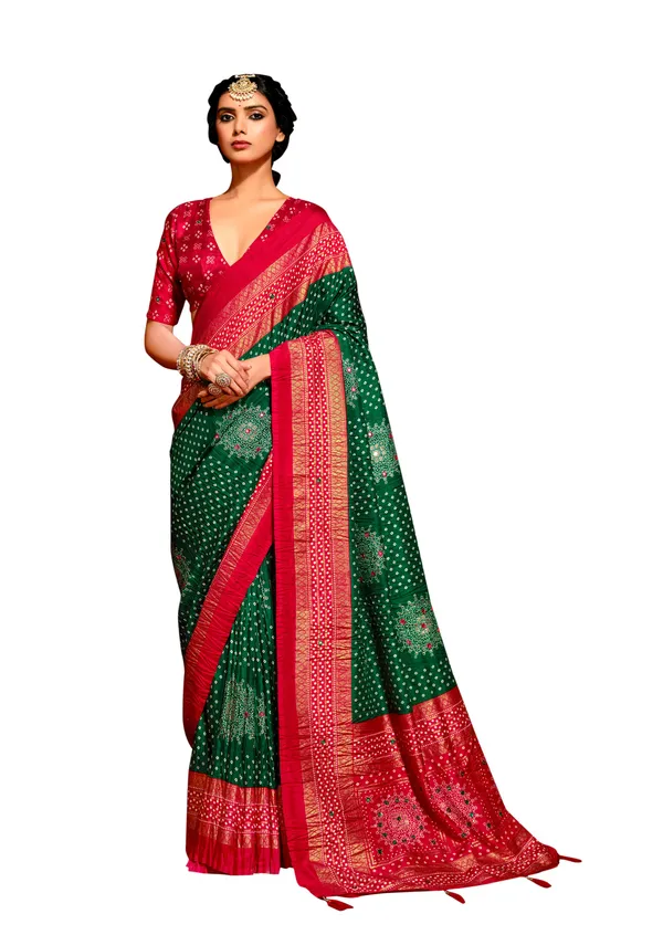 Green_Red_Velvet_Tussar_Silk_Bandhani_Zari_Border_Saree_For_Women