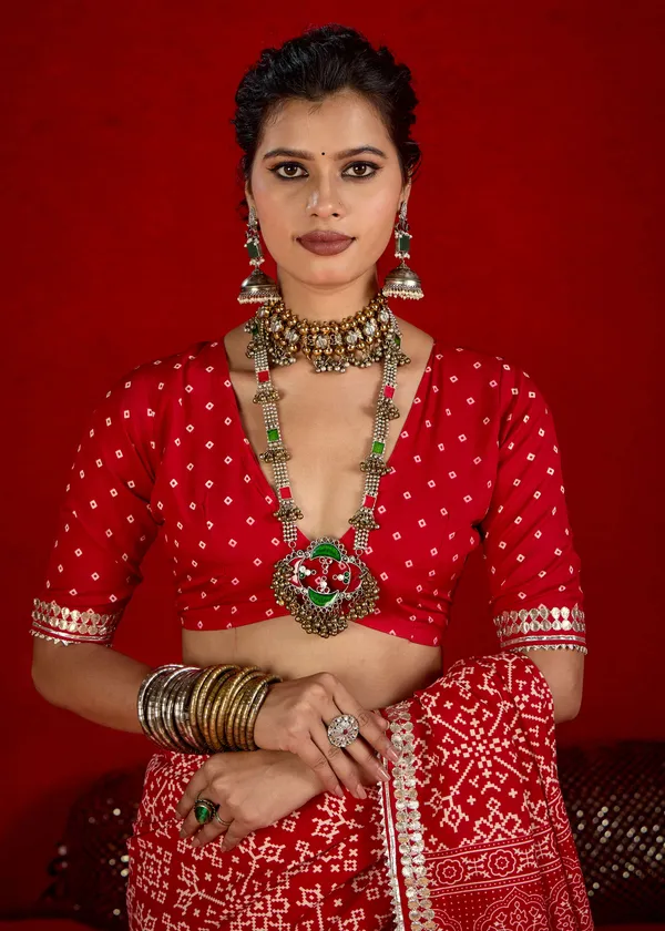 Red_Velvet_Tussar_Silk_Bandhani_Embellished_Border_Saree_For_Women