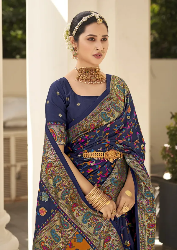 Navy_Blue_Pashmina_Silk_Floral_Woven_Kashmiri_Border_Saree_For_Women