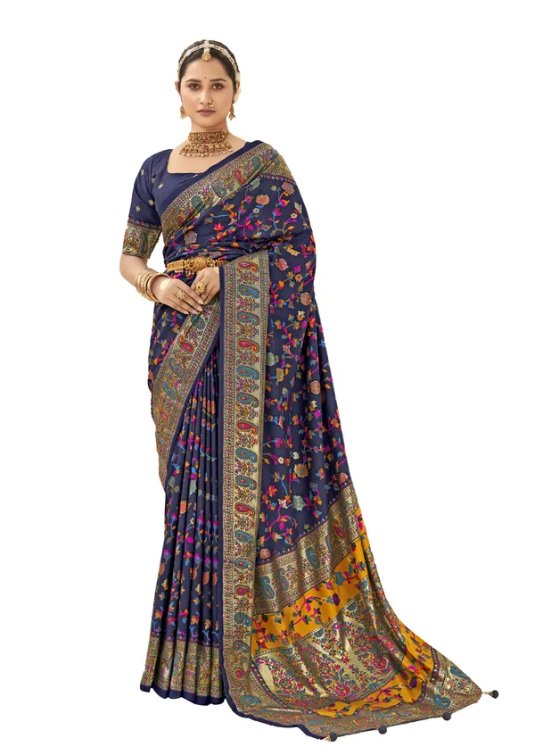 Navy_Blue_Pashmina_Silk_Floral_Woven_Kashmiri_Border_Saree_For_Women