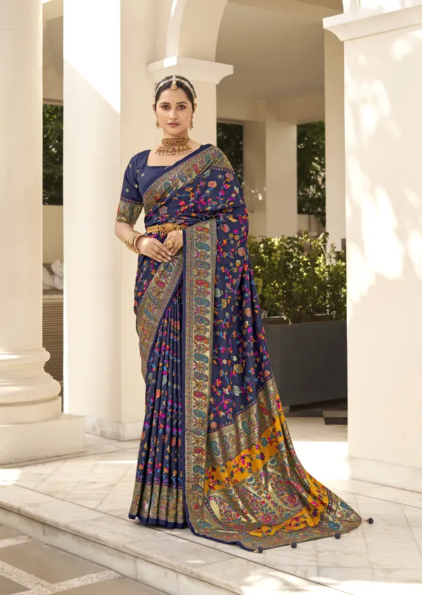 Navy_Blue_Pashmina_Silk_Floral_Woven_Kashmiri_Border_Saree_For_Women