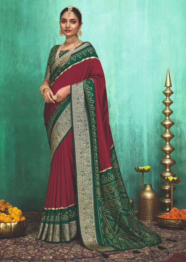 Green_Purple_Velvet_Tussar_Silk_Bandhani_Zari_Border_Saree_For_Women