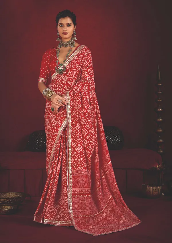 Red_Velvet_Tussar_Silk_Bandhani_Embellished_Border_Saree_For_Women