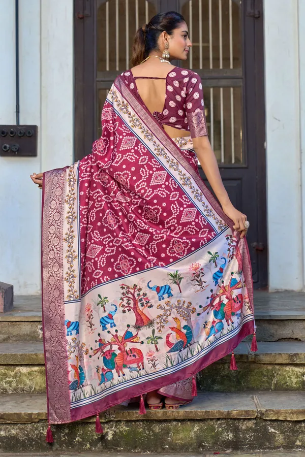 Maroon_Russian_Silk_Bandhani_Paithani_Border_Saree_For_Women