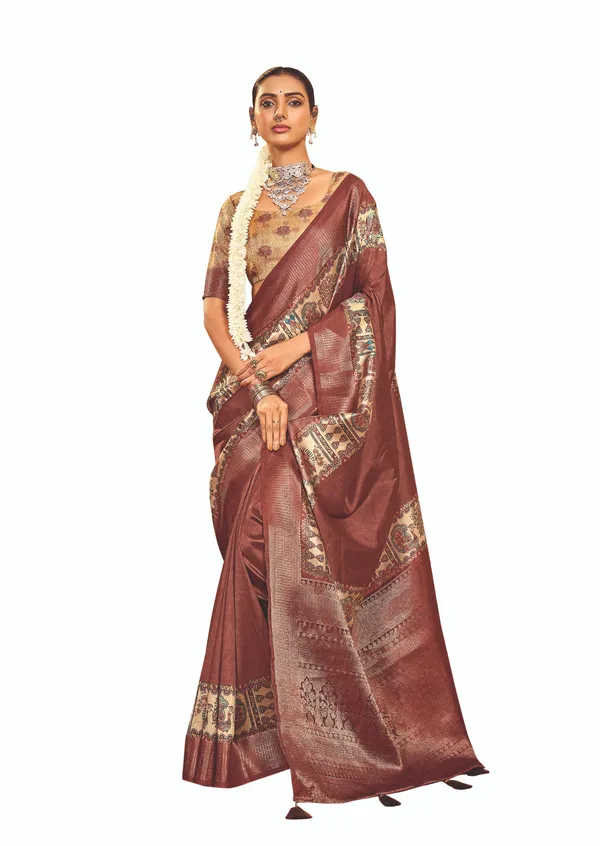 Brown_Pure_Tussar_Silk_Zari_Border_Embellished_Saree_For_Women