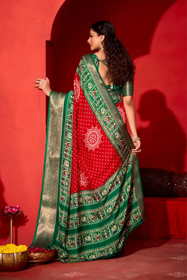 Red_Green_Dola_Jacquard_Patola_Bandhej_Golden_Border_Saree_For_Women