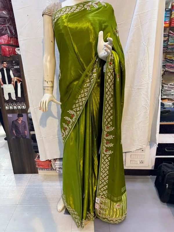 Olive_Green_Pure_Gazi_Silk_Embroidered_Floral_Motif_Saree_For_Women