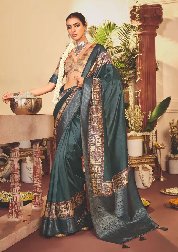 Teal_Green_Pure_Tussar_Silk_Embroidered_Border_Saree_For_Women