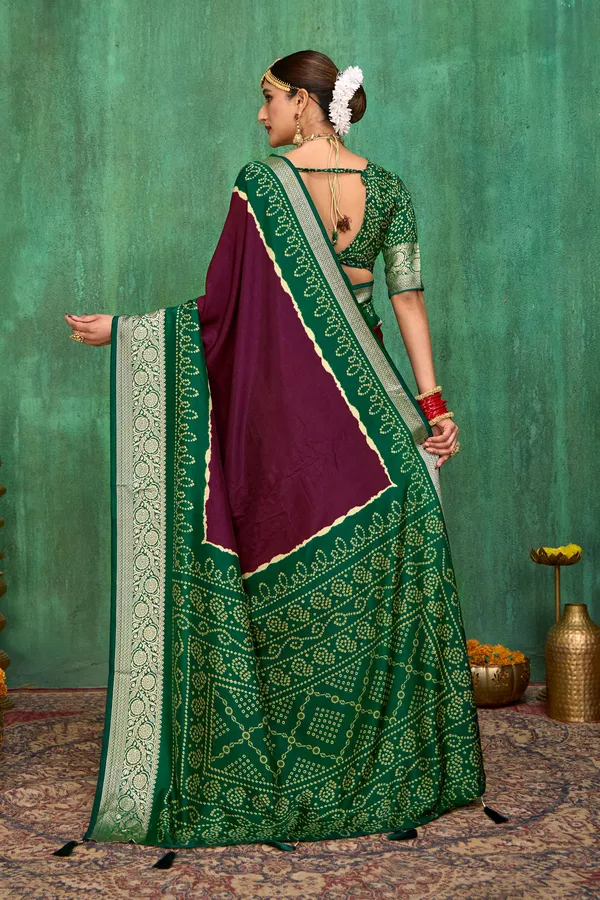 Green_Purple_Velvet_Tussar_Silk_Bandhani_Zari_Border_Saree_For_Women
