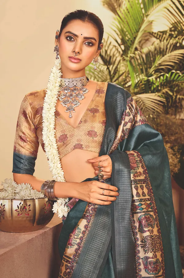Teal_Green_Pure_Tussar_Silk_Embroidered_Border_Saree_For_Women