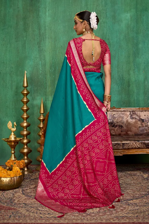 Teal_Green_Pink_Velvet_Tussar_Silk_Bandhani_Saree_For_Women