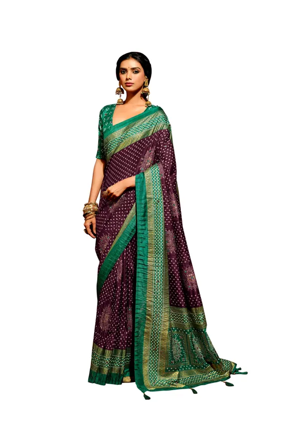 Purple_Green_Velvet_Tussar_Silk_Bandhani_Mirror_Work_Saree_For_Women