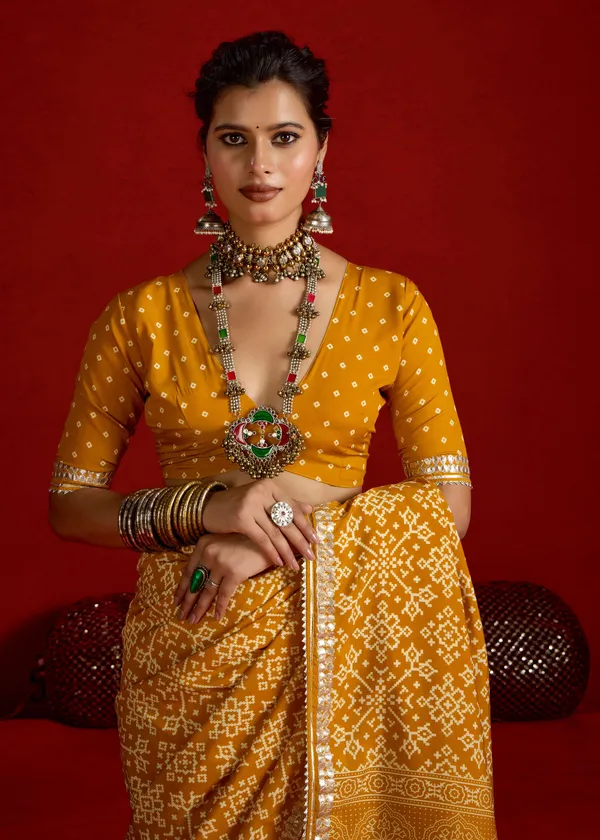Mustard_Yellow_Velvet_Tussar_Silk_Bandhani_Zari_Border_Saree_For_Women