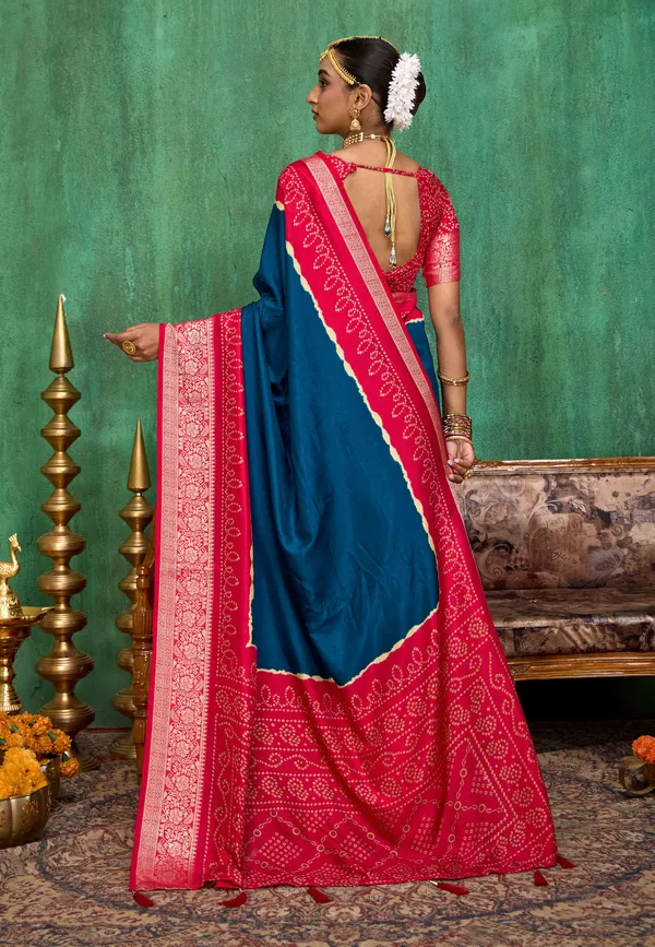 Teal_Blue_And_Pink_Velvet_Tussar_Silk_Zari_Work_Saree_For_Women
