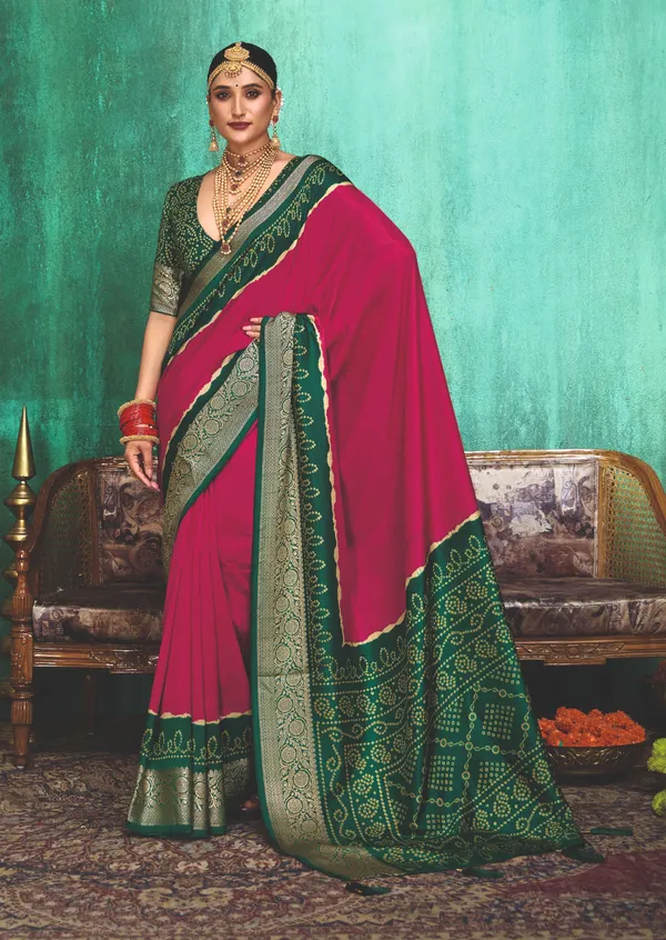 Magenta_Green_Velvet_Tussar_Silk_Zari_Border_Saree_For_Women