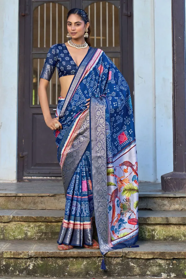 Blue_Russian_Silk_Bandhani_Silver_Zari_Border_Saree_For_Women