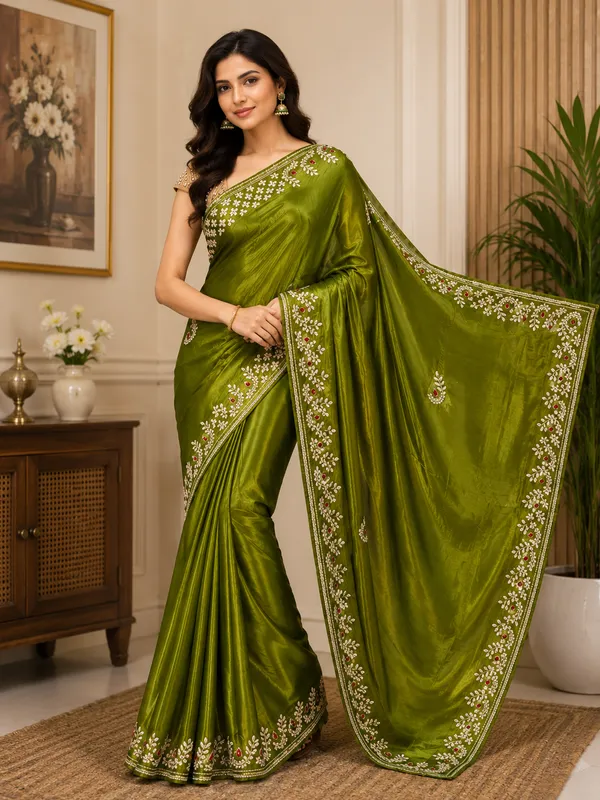 Olive_Green_Pure_Gazi_Silk_Embroidered_Floral_Motif_Saree_For_Women