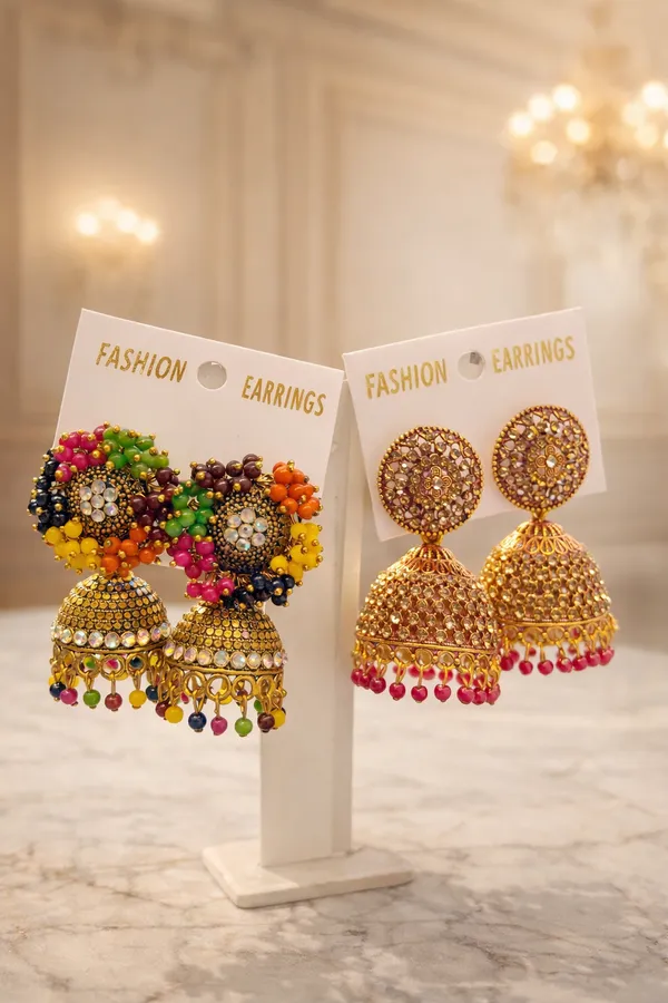 Gold_Peach_Beaded_Jhumka_Earrings_Set_For_Women