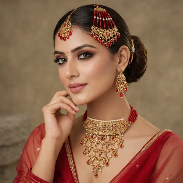 Gold_Antique_Bridal_Necklace_With_Red_Beaded_Dori_For_Women