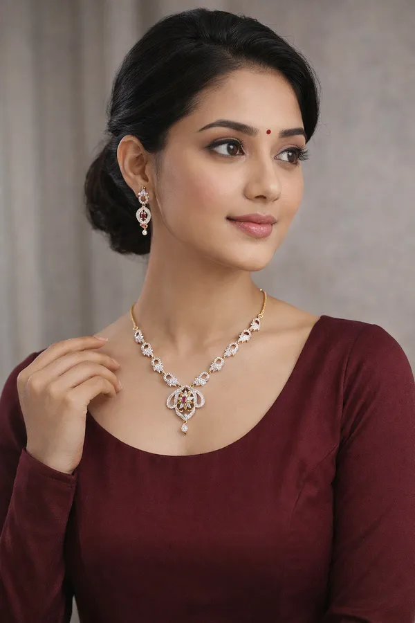 Silver_American_Diamond_Floral_Pendant_Necklace_Set_With_Earrings_For_Women