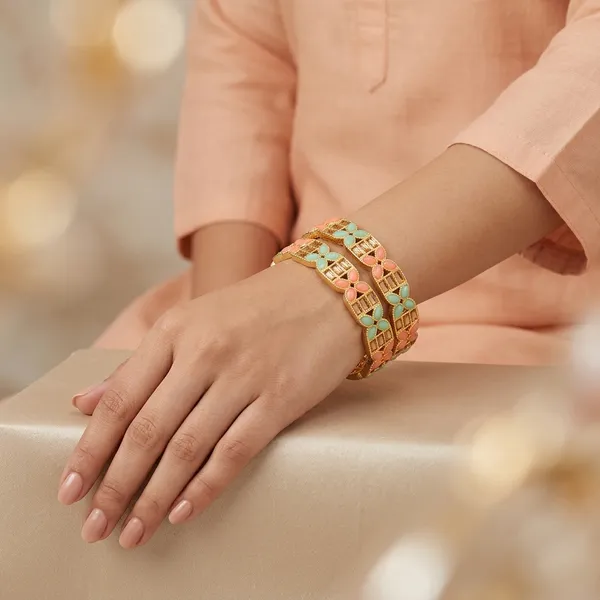 Gold_&_Pink_Enamel_Floral_Alloy_Bangle_Set_For_Women_(Pack_of_2_)