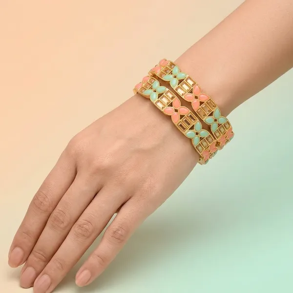 Gold_&_Pink_Enamel_Floral_Alloy_Bangle_Set_For_Women_(Pack_of_2_)