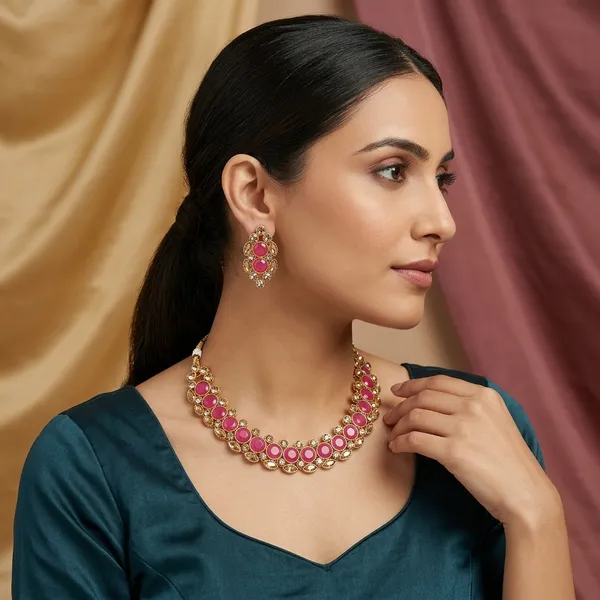 Gold_&_Pink_Stone_Studded_Necklace_Set_For_Women