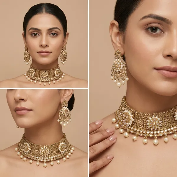 Gold_Kundan_Pearl_Choker_Necklace_Set_With_Earrings_And_Maang_Tikka_For_Women