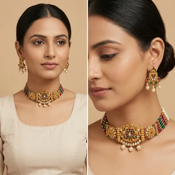 Gold_Antique_Kundan_Choker_Necklace_Set_With_Earrings_For_Women