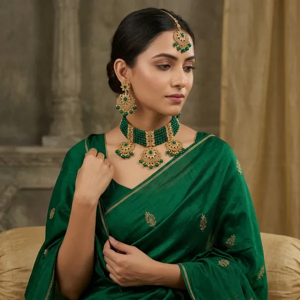Gold_Green_Beaded_Choker_Necklace_Set_With_Maang_Tikka_For_Women