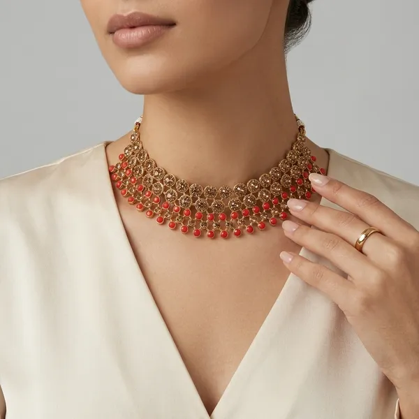 Gold_Red_Stone_Layered_Necklace_Set_With_Earrings_And_Maang_Tikka_For_Women