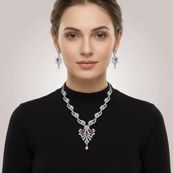 Silver_Cubic_Zirconia_Floral_Necklace_Set_With_Pink_Accents_For_Women