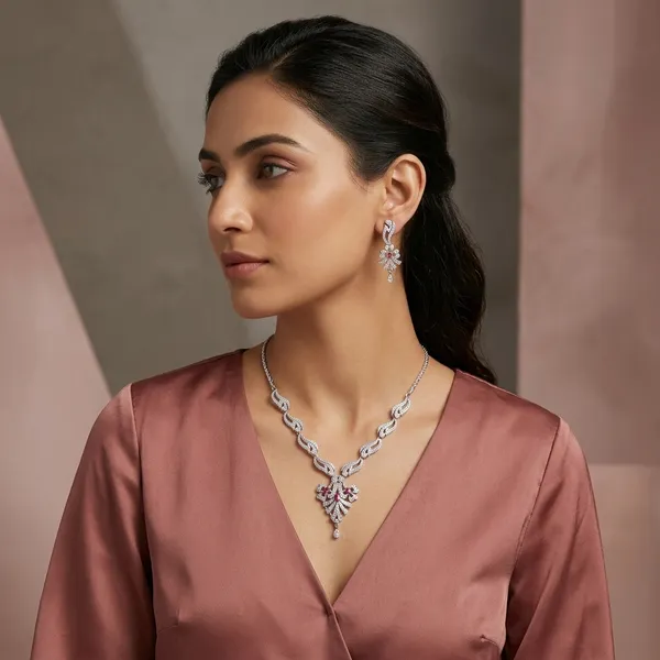 Silver_Cubic_Zirconia_Floral_Necklace_Set_With_Pink_Accents_For_Women