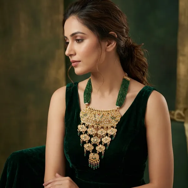 Gold_Kundan_Green_Beaded_Multi-Layered_Necklace_For_Women