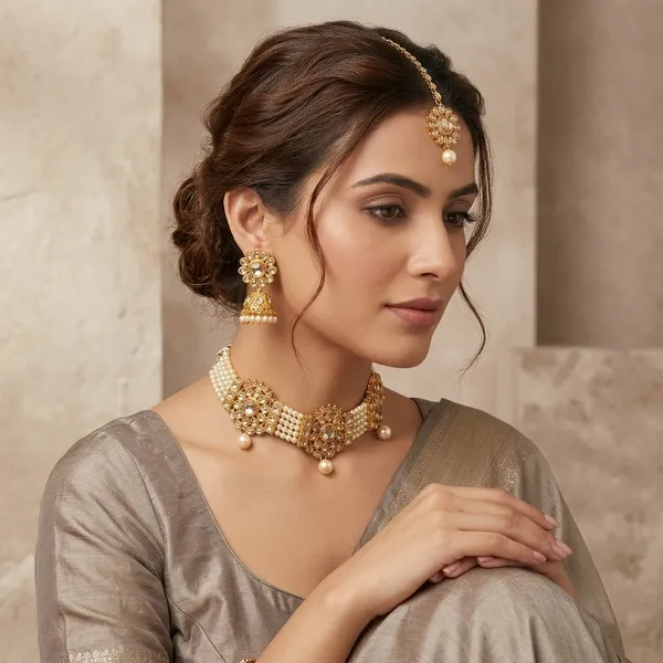Gold_Polki_Kundan_Choker_Necklace_Set_With_Maang_Tikka_For_Women