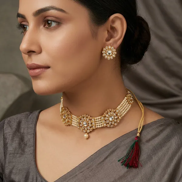Gold_Pearl_Kundan_Floral_Choker_Necklace_Set_For_Women