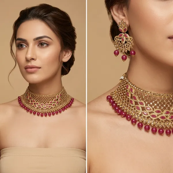 Gold_Kundan_Ruby_Beads_Choker_Necklace_Set_With_Earrings_For_Women