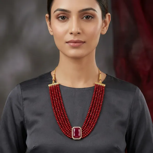 Red_Beaded_Multi-Strand_Traditional_Necklace_For_Women
