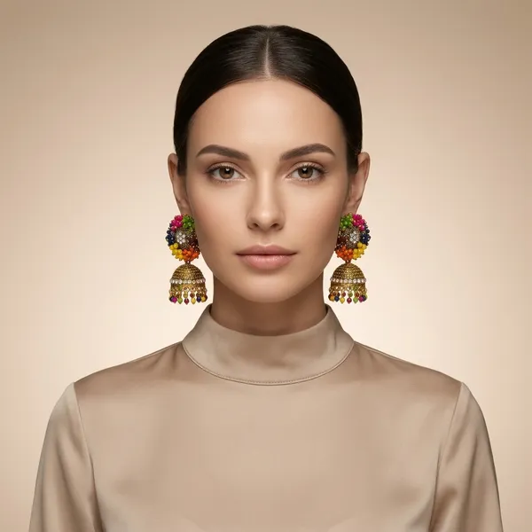 Gold_Peach_Beaded_Jhumka_Earrings_Set_For_Women