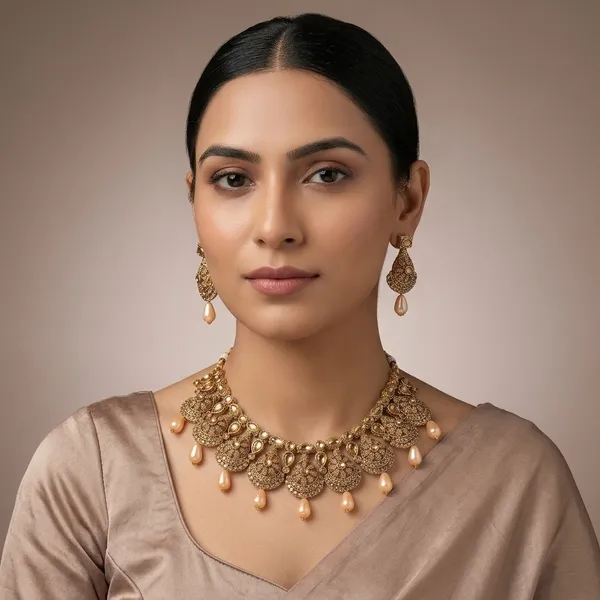 Gold_Antique_Kundan_Peach_Bead_Necklace_Set_For_Women