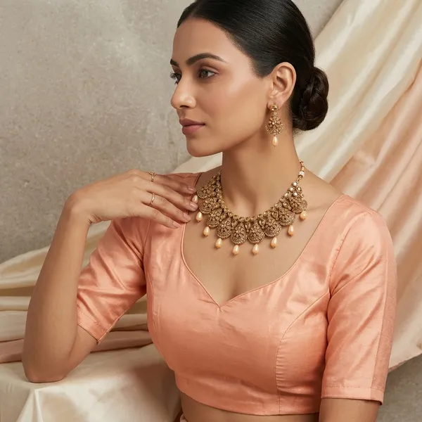 Gold_Antique_Kundan_Peach_Bead_Necklace_Set_For_Women