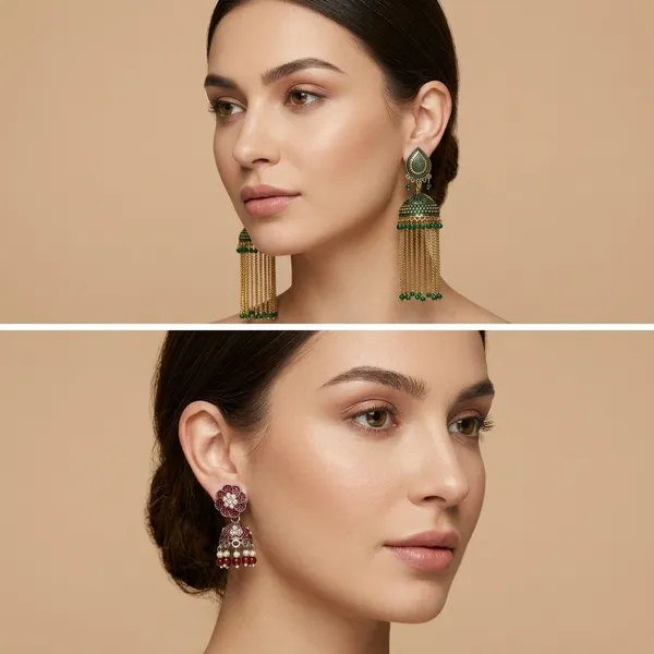 Gold_Alloy_Traditional_Jhumka_Earrings_Set_Green_Maroon_For_Women