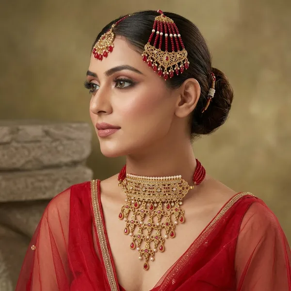 Gold_Antique_Bridal_Necklace_With_Red_Beaded_Dori_For_Women