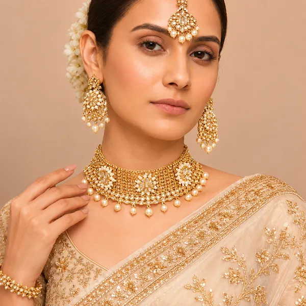 Gold_Kundan_Pearl_Choker_Necklace_Set_With_Earrings_And_Maang_Tikka_For_Women
