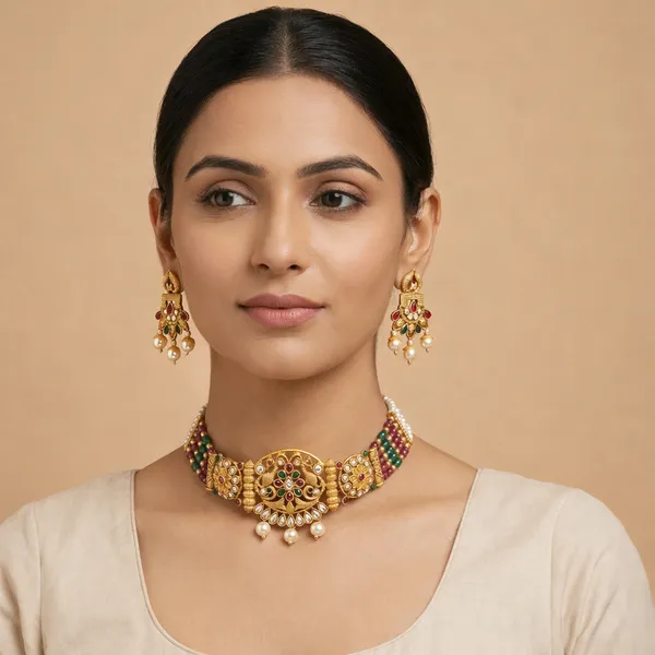 Gold_Antique_Kundan_Choker_Necklace_Set_With_Earrings_For_Women