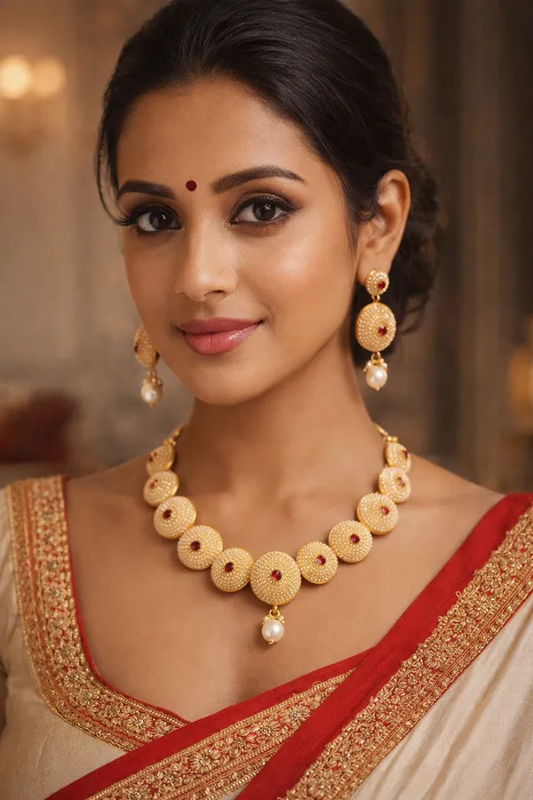 Gold_Textured_Disc_Collar_Necklace_Set_With_Pearl_Drop_Earrings_For_Women