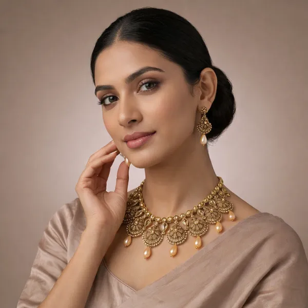 Gold_Antique_Kundan_Peach_Bead_Necklace_Set_For_Women