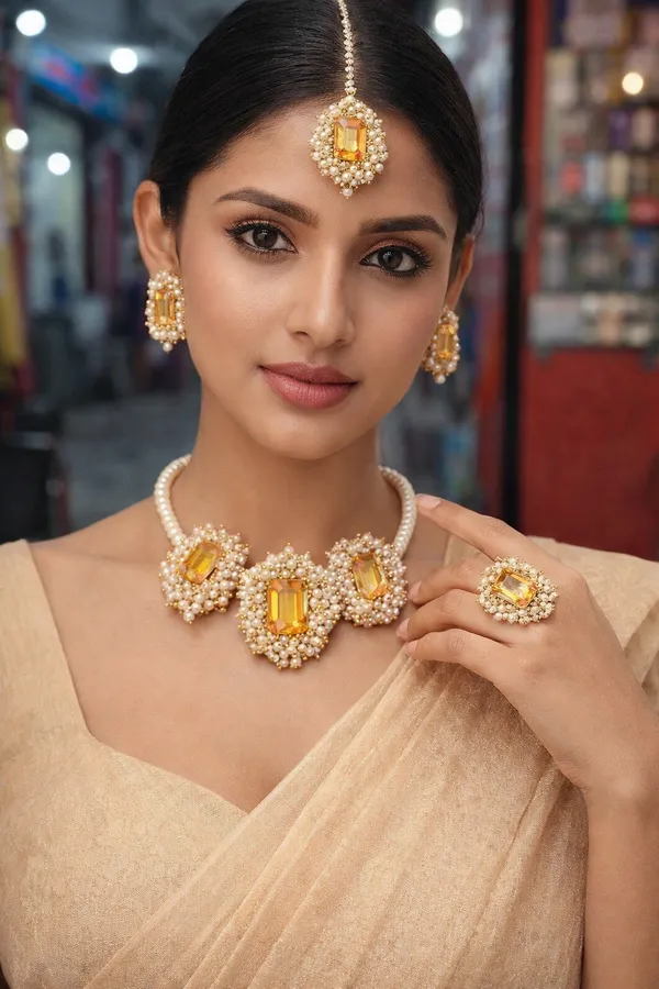 Gold_Pearl_Embellished_Choker_Necklace_Set_With_Earrings_For_Women
